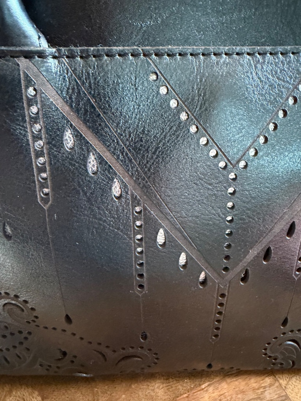 Patricia Nash Large Black Leather Laser Cut Paris Satchel With Silver Backing - Picture 3 of 11